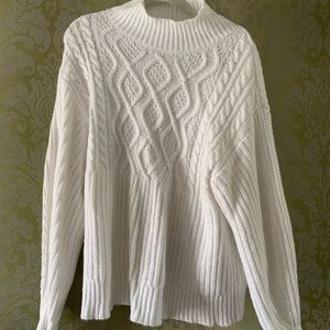 White cable knit mock neck sweater